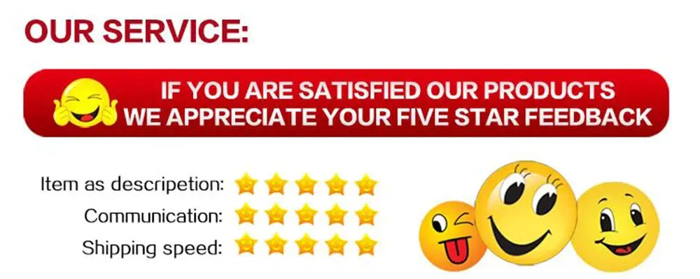 Service banner with OUR SERVICE header, five-star rating icons, and smiling emoji faces