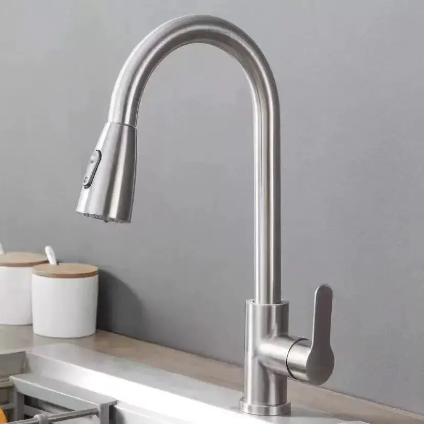 Stainless steel kitchen faucet with high-arc pull-out spray head, 360° swivel, and single-handle lever