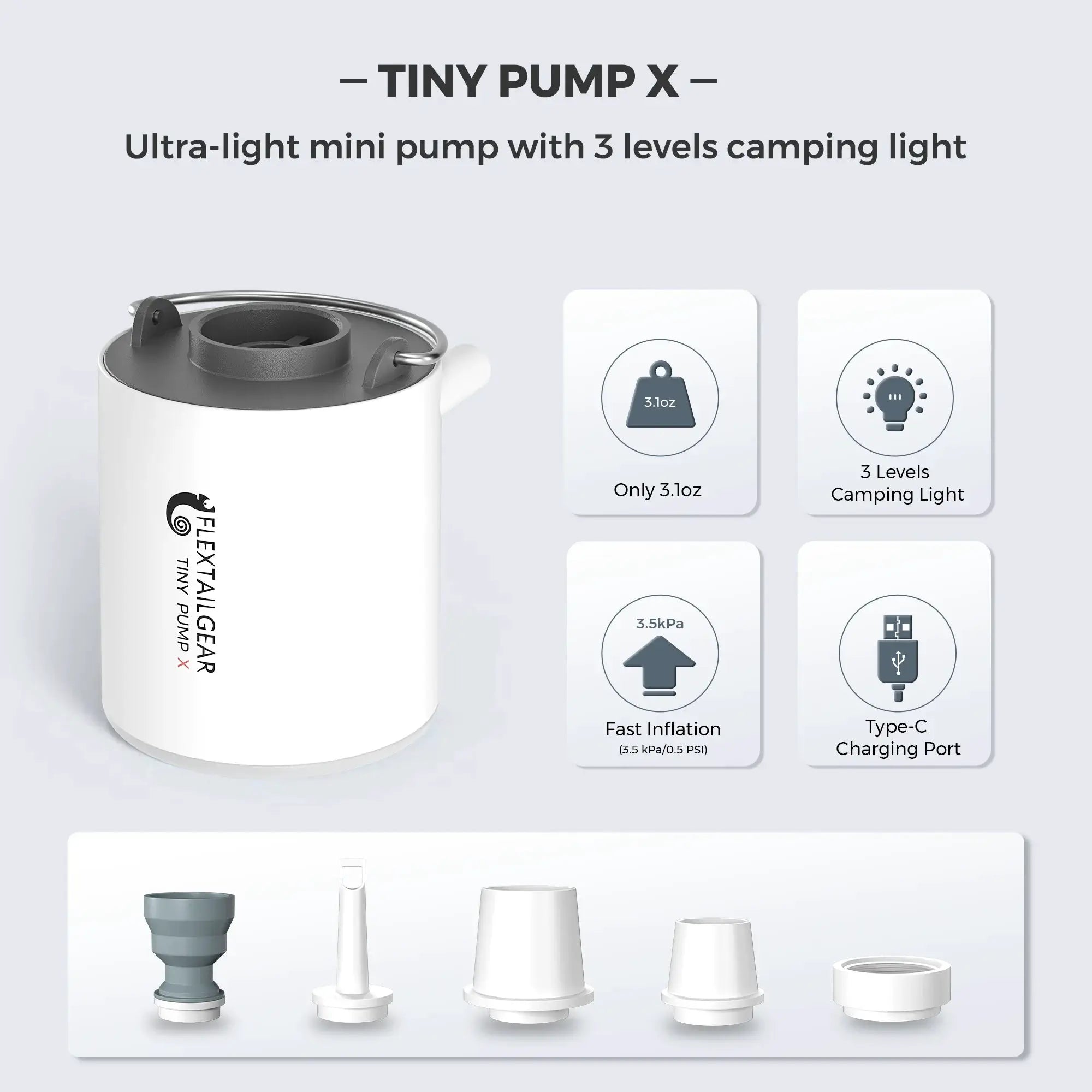 FLEXTAIL Tiny Pump X portable air pump with light and USB-C charging for sleeping pads, Simples Market