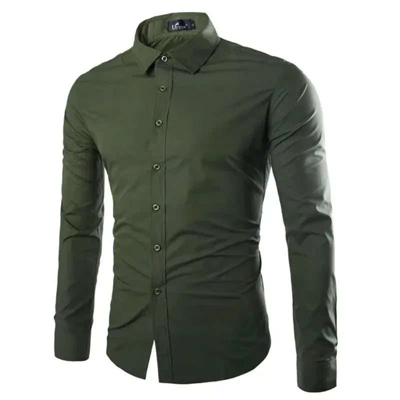 Men's long-sleeve solid-color shirt by Simples Market in olive green, button-down.