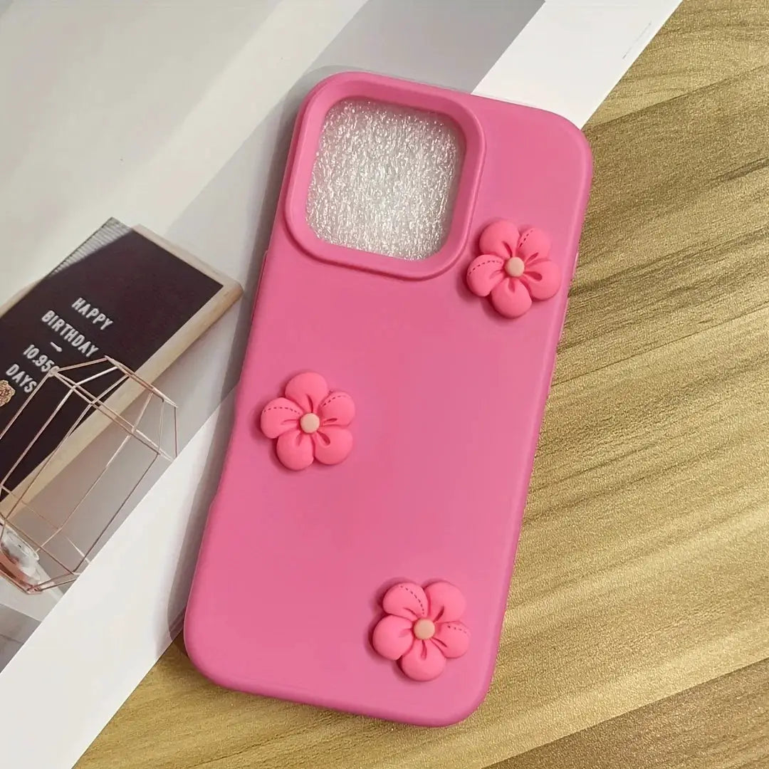 Pink dopamine flower iPhone case with three 3D blossoms; matte, shockproof.