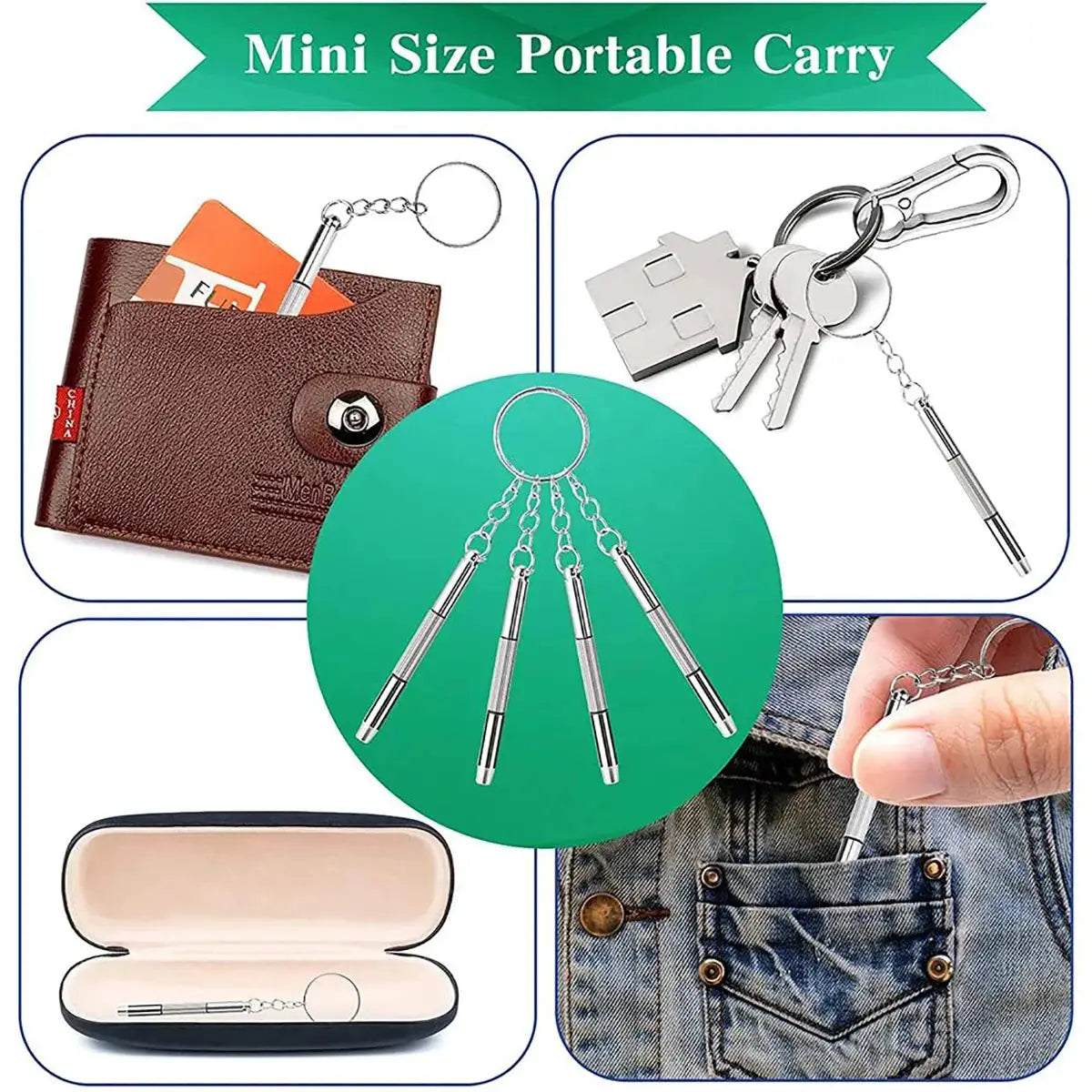 Simples Market mini 3-in-1 eyeglass repair kit; 5-piece precision screwdriver bits on a keyring, portable pocket case