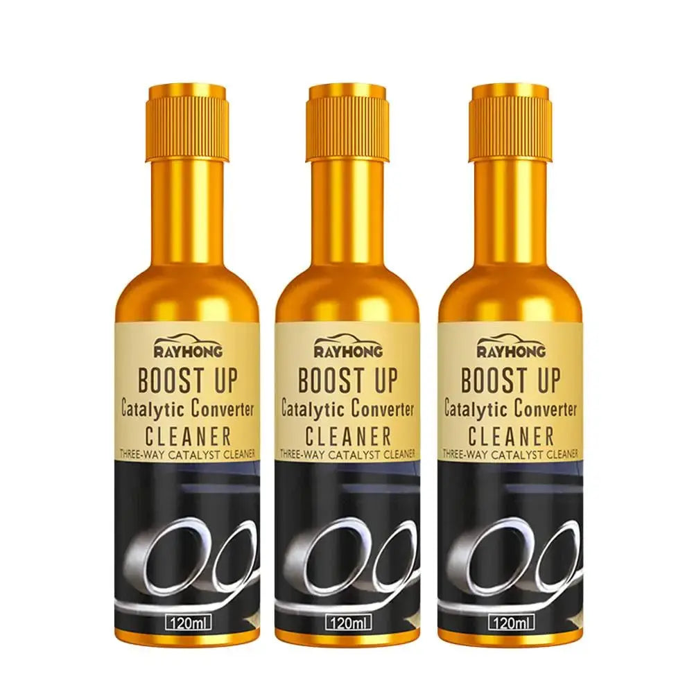 Rayhong Boost Up Catalytic Converter Cleaner 3-pack, amber glass bottles with orange caps, 120 ml each