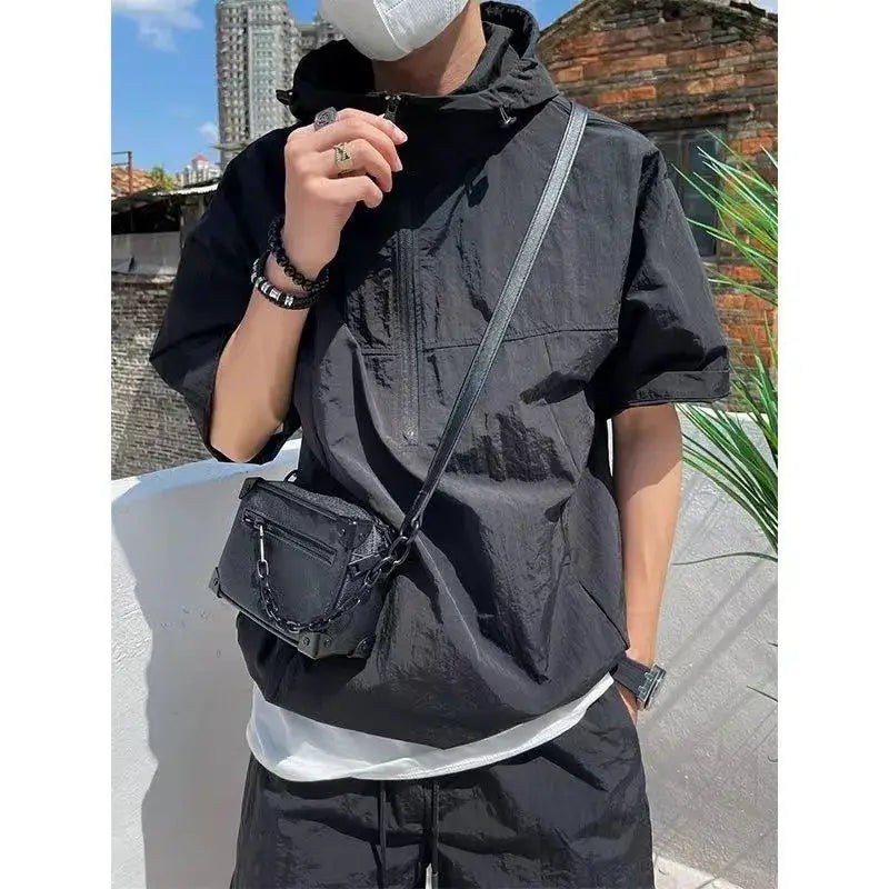 Summer Cargo Style Set Men's Casual Hooded Solid Short Sleeve T-shirt Shorts Loose Fashion High Quality Handsome Sweatshirt Suit