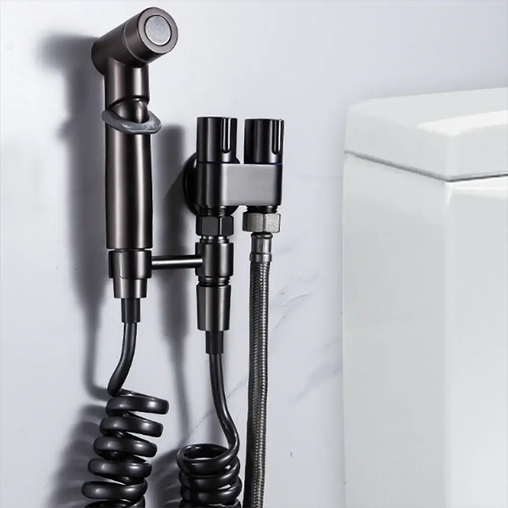Toilet bidet sprayer set by Simples Market with two spray heads and braided hose in dark metallic finish