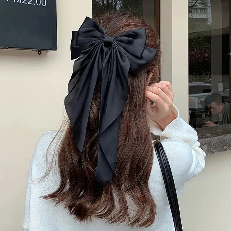 Korean Satin Bowknot Hair Clip For Women And Girls Long Ribbon Solid Color Barrette Hair Accessory