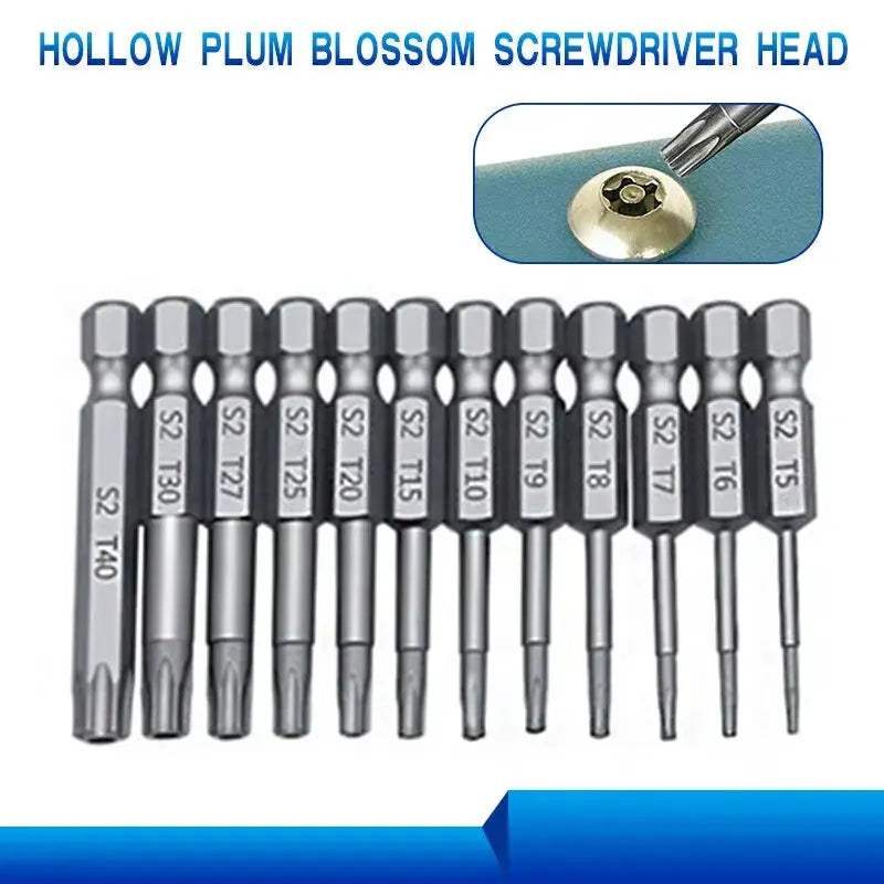 12pc Hollow Plum Blossom Screwdriver Bits 50mm Long S2 Steel Hex Shank for Woodworking Drill Set