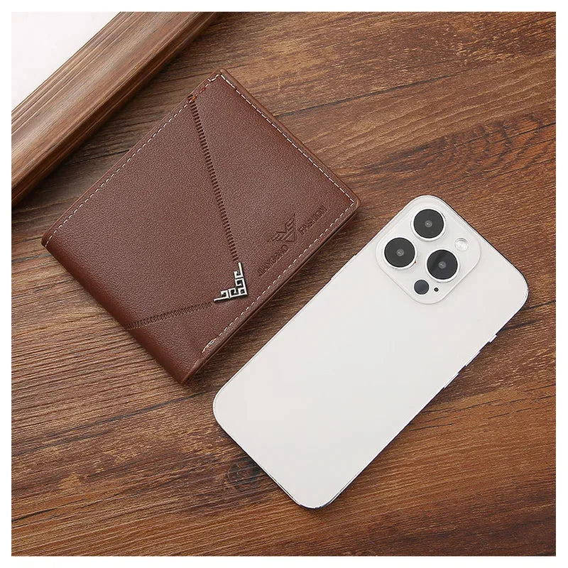 Slim leather bifold wallet for men by Simples Market, RFID-blocking, brown; 2-item set with a white smartphone