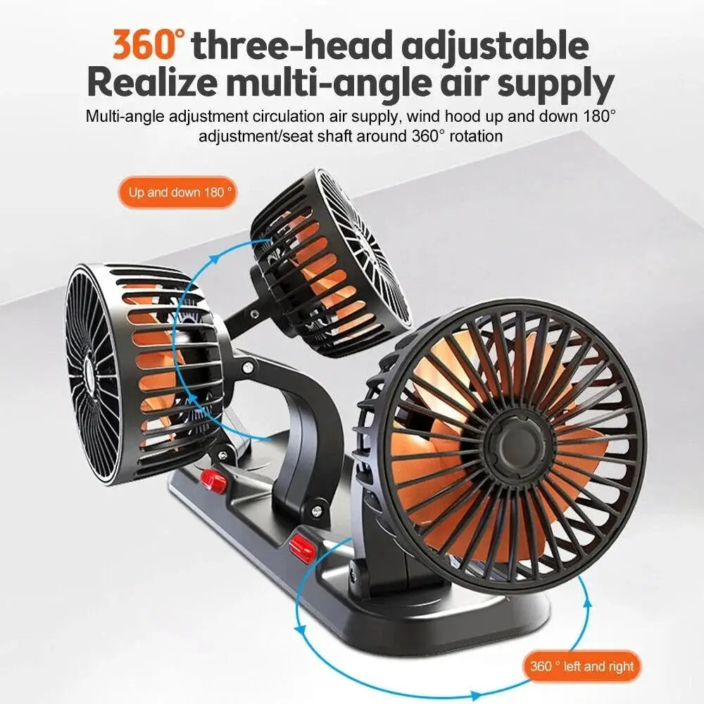 Simples Market car fan with 360° adjustable three-head design, orange blades, black frame, USB/12V/24V powered, 2 speeds