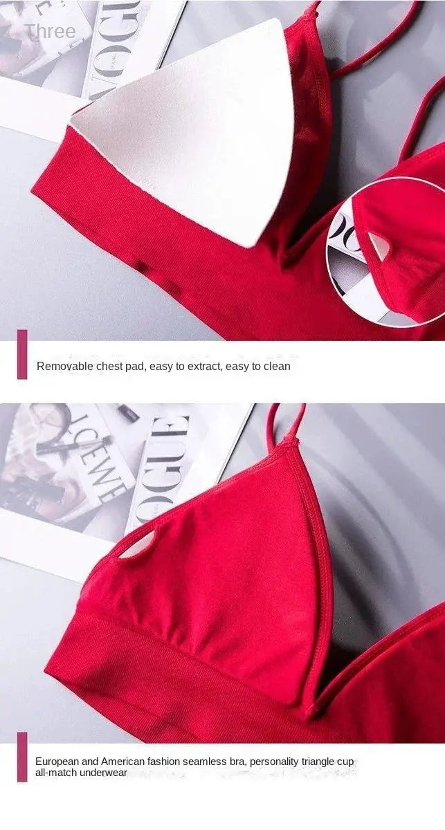 Simples Market red V-neck seamless triangle-cup bra camisole with removable chest pad for women