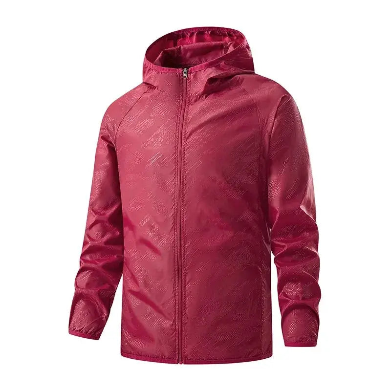 LNGXO unisex waterproof hiking jacket with hood in maroon, full-zip windbreaker