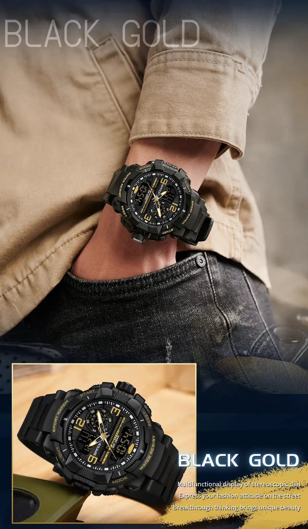 SANDA 6130 dual-display men’s sport watch, black with gold accents, waterproof quartz with LED digital clock