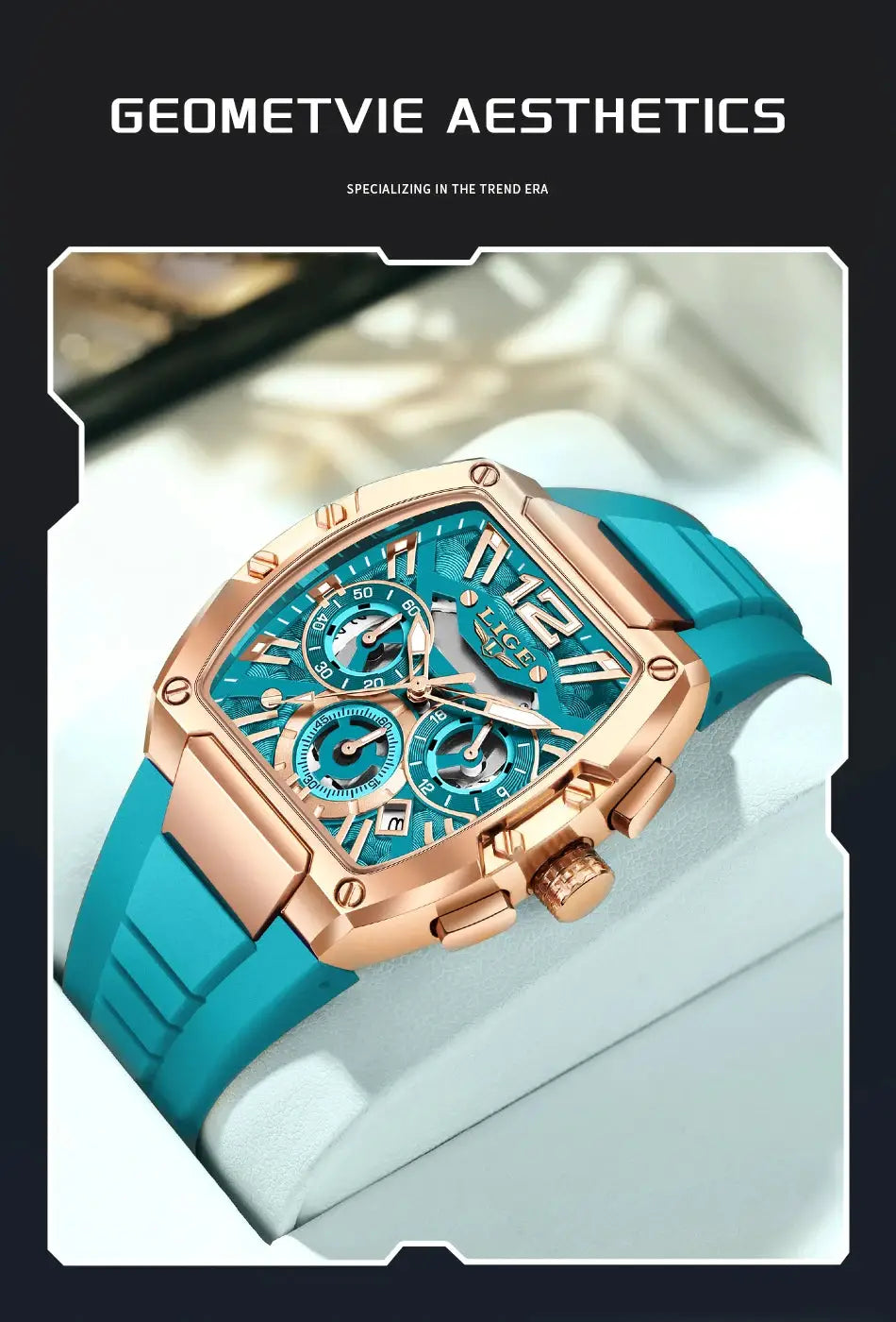 LIGE men's quartz chronograph watch with rose-gold case and teal silicone strap