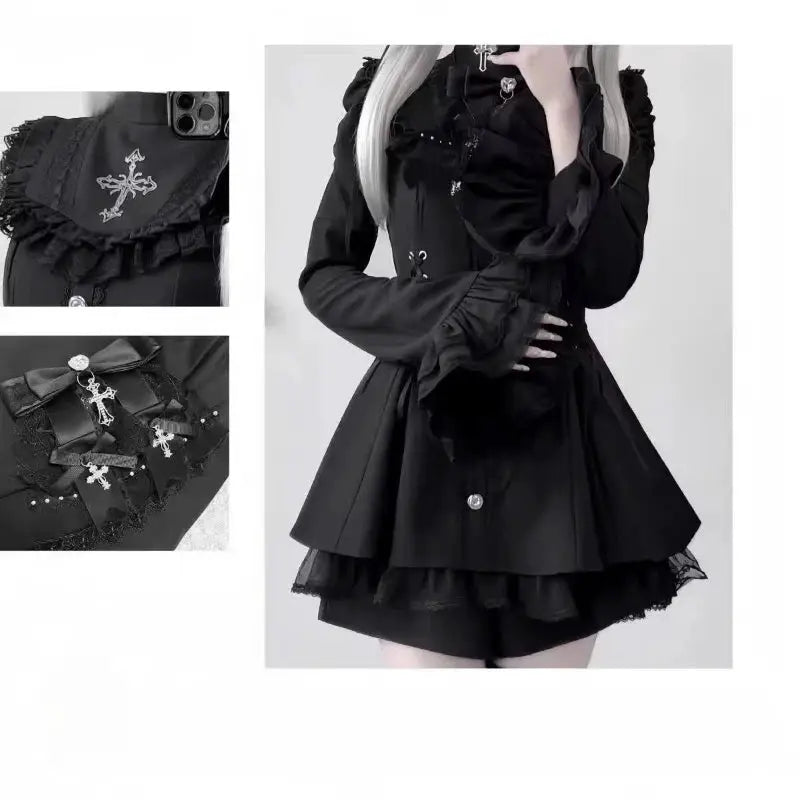 Japanese Gothic Lolita Dress Set Women Harajuku Y2K Bow Lace Ruffles
