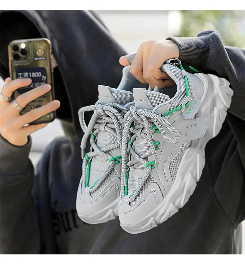 Men's Simples Market breathable thick-soled sneakers in gray with lime-green accents