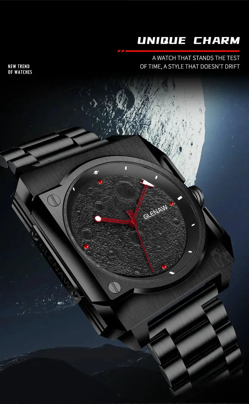 GLENAW men's mechanical watch with moon dial, red luminous hands, stainless steel bracelet