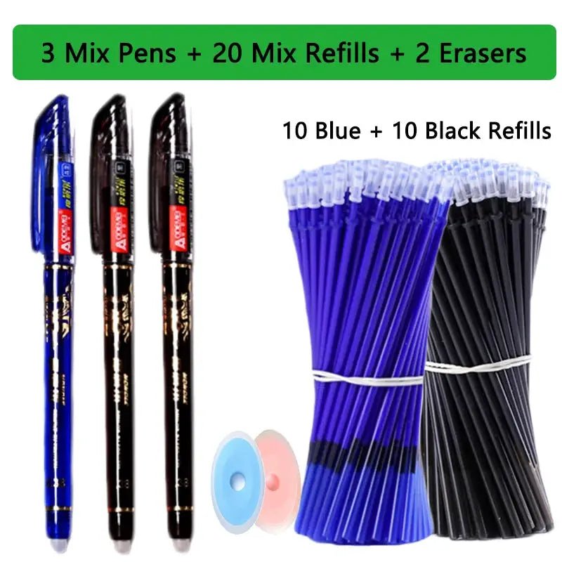 25-piece Simples Market erasable gel pen set with 3 assorted-color pens, 20 refills and 2 erasers