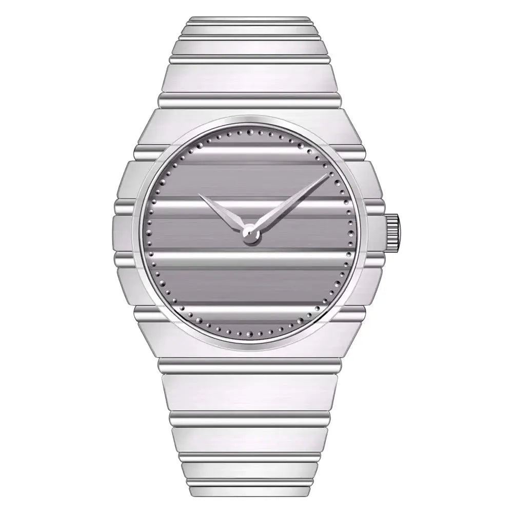 Men's stainless steel analog watch with silver bracelet and brushed dial with dot markers