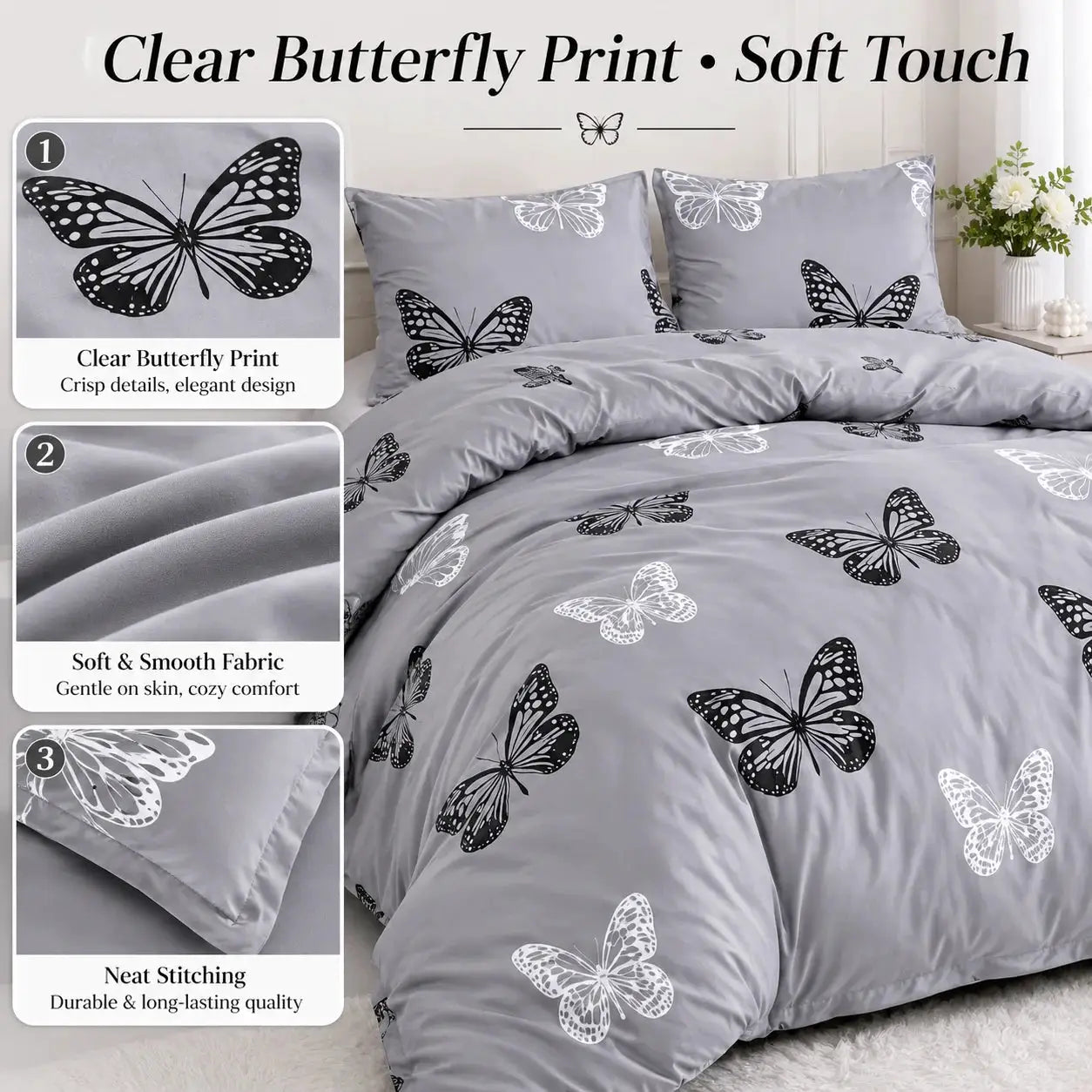Simples Market 3-piece gray butterfly duvet cover set with pillowcases; soft, smooth fabric.