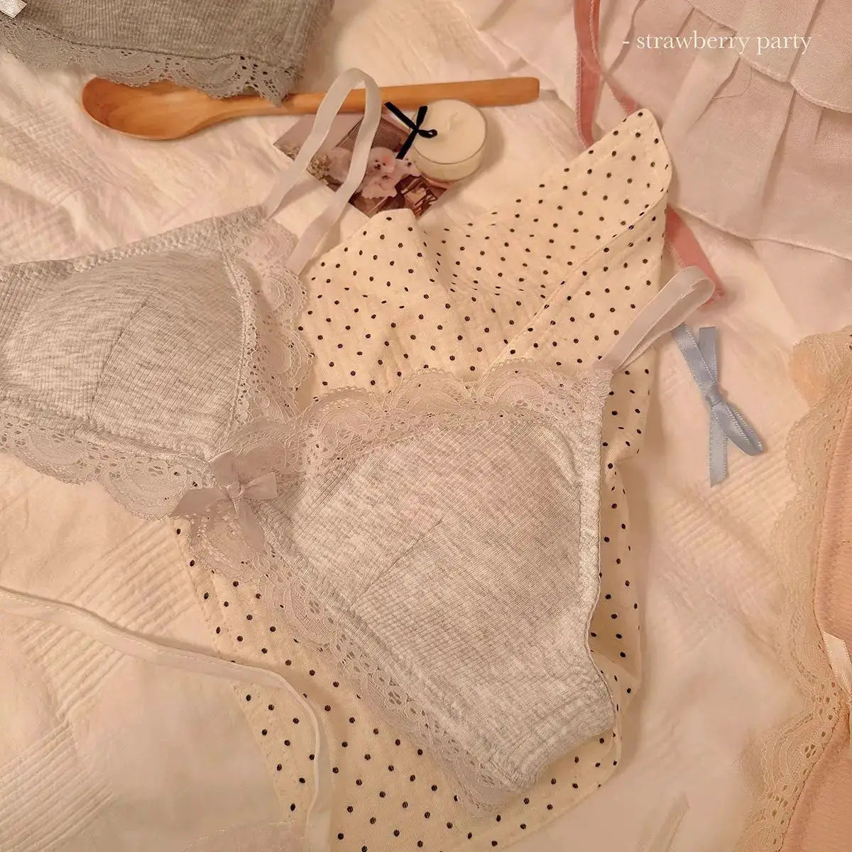 Women's ivory lace triangle-cup bra with dotted mesh and scalloped trim, wire-free