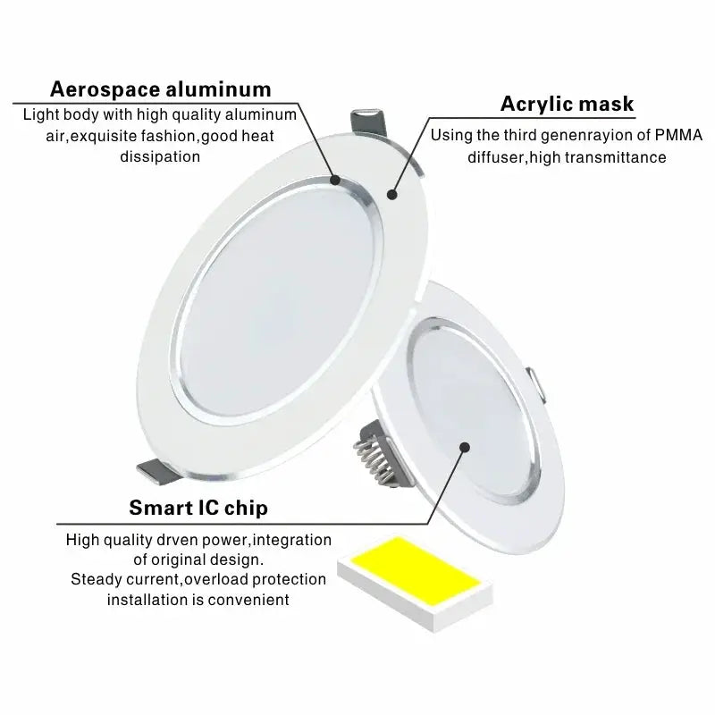 Two round white LED downlights with aluminum body and acrylic diffuser for recessed ceiling lighting.