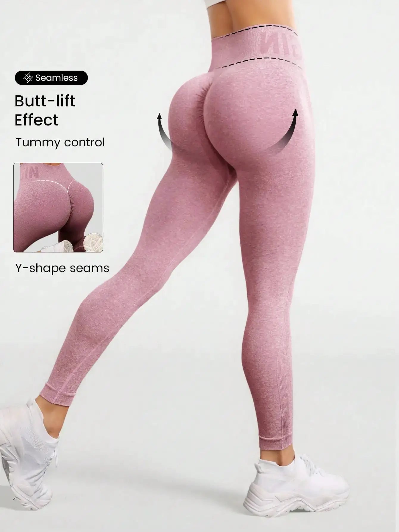 Seamless peach yoga pants by Simples Market, high-waisted with butt-lift shaping