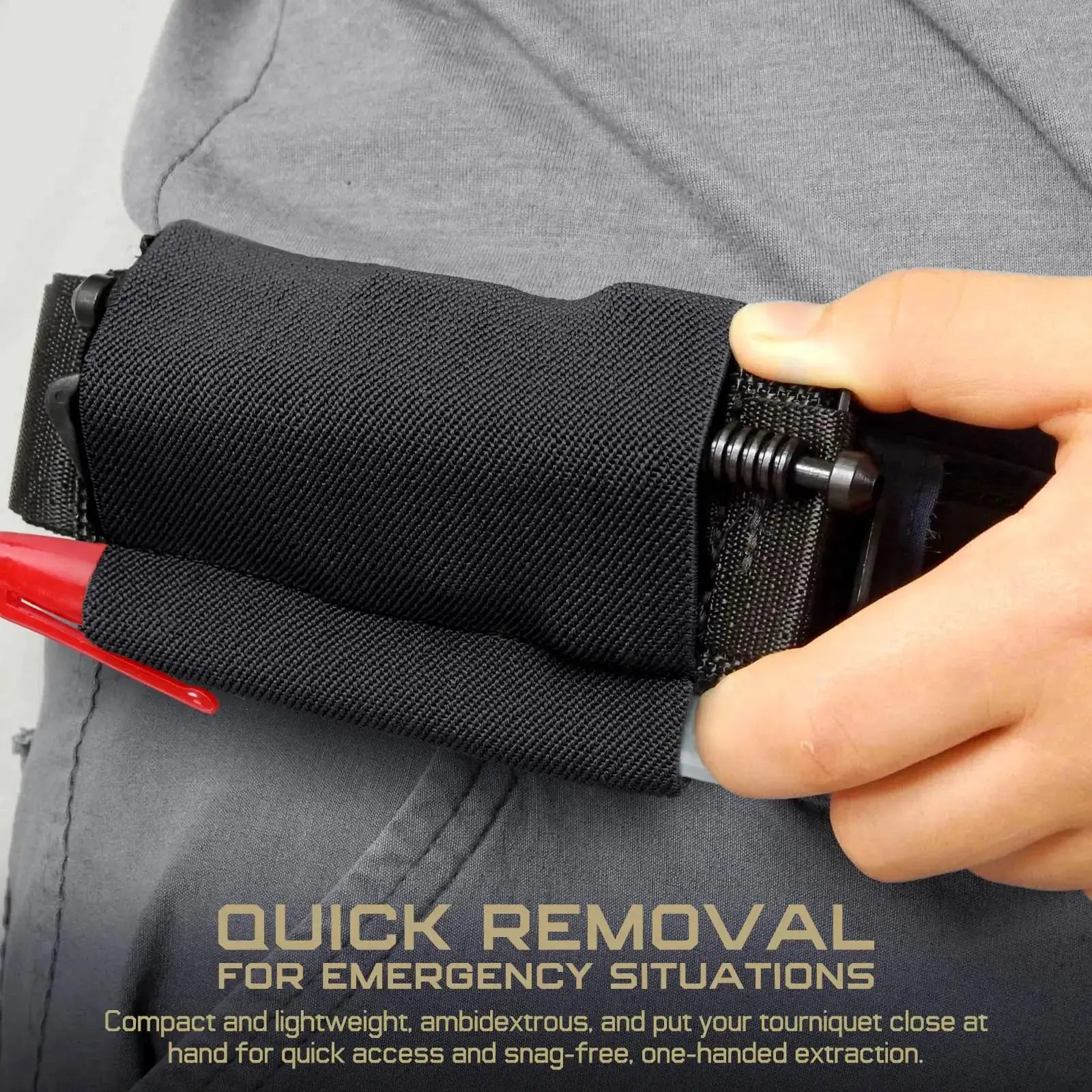 Elastic tourniquet holder pouch, black nylon with retention strap, belt-mounted for quick access