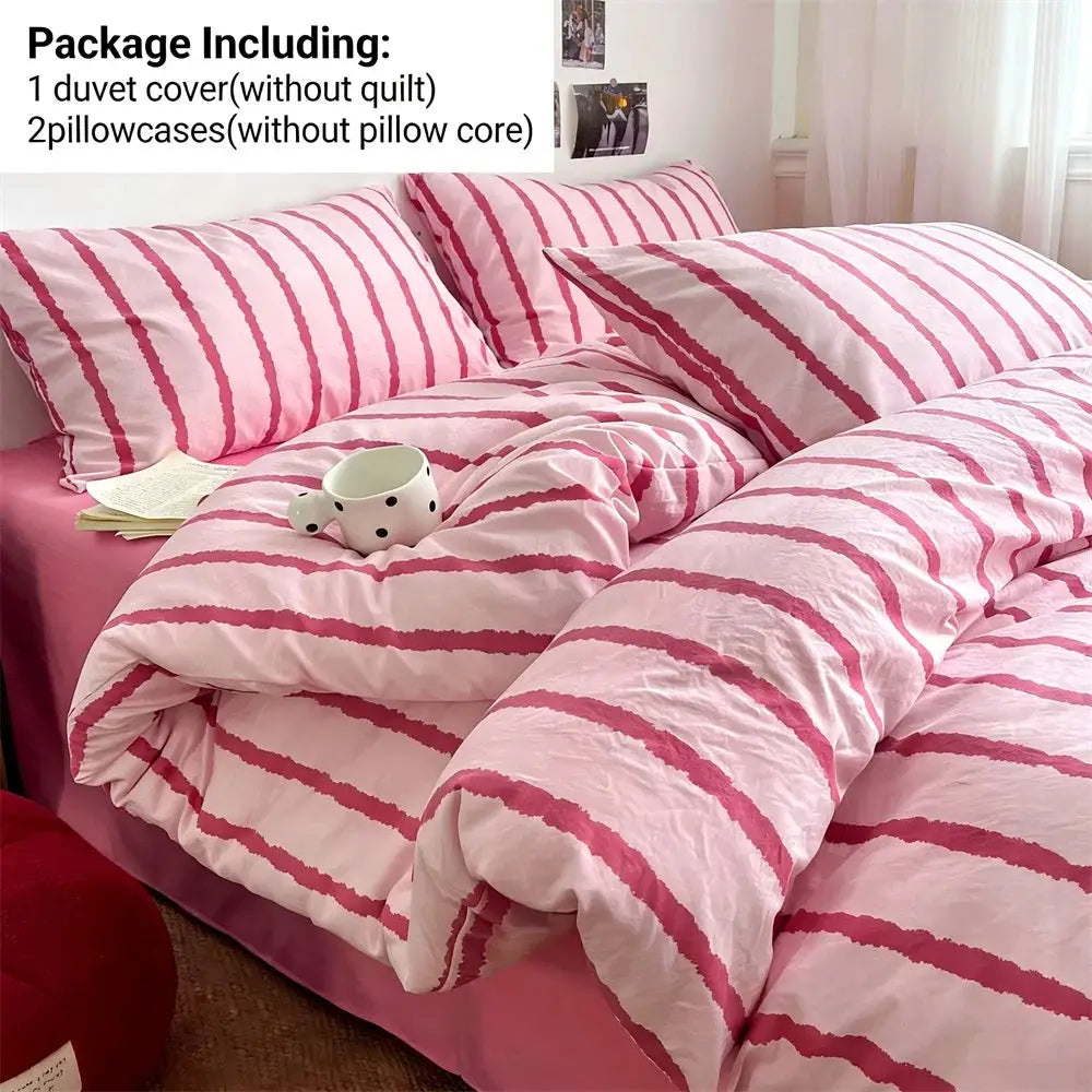 3pc pink striped duvet cover set with 2 pillowcases, soft washed cotton, 150x200cm