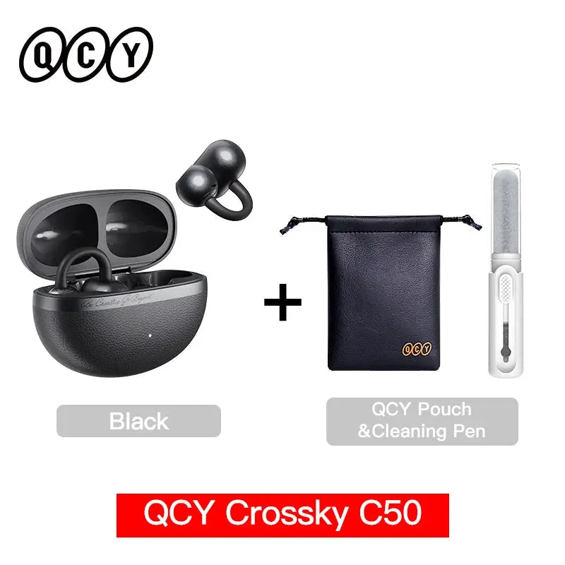QCY Crossky C50 open-ear wireless earbuds in black with charging case; bundle includes pouch and cleaning pen