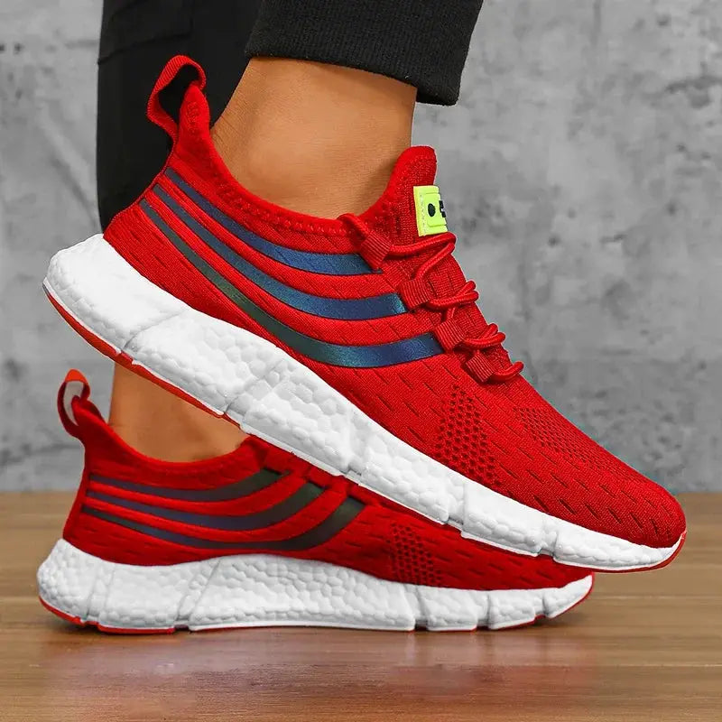 Men casual sports shoes by Simples Market, red breathable knit sneakers with blue stripes and white cushioned sole
