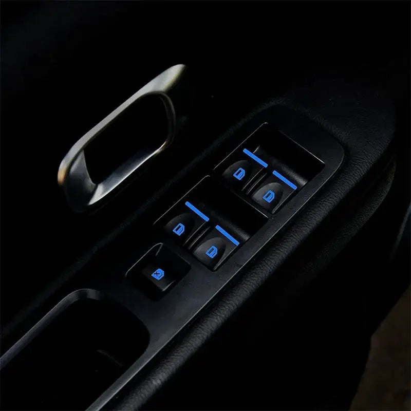 Car interior luminous window lift button stickers set, 18Pcs, blue glow for window controls