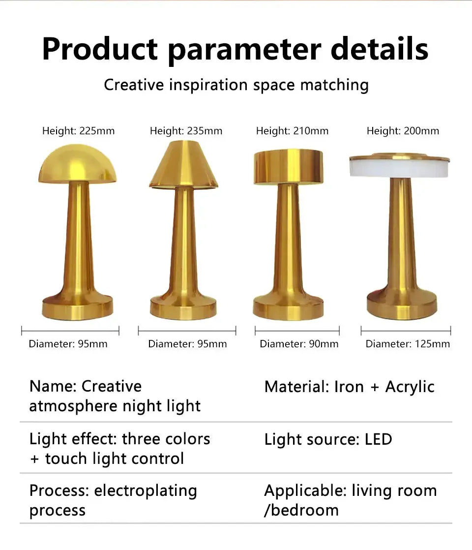 LED table light set of 4 in gold metal with touch control by Simples Market for bar or coffee-table decor