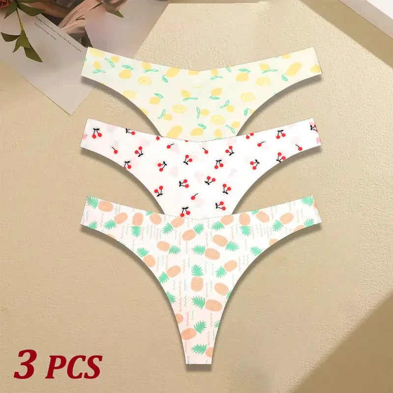Women’s seamless thong underwear, 3-pcs, with lemon, cherry and pineapple prints