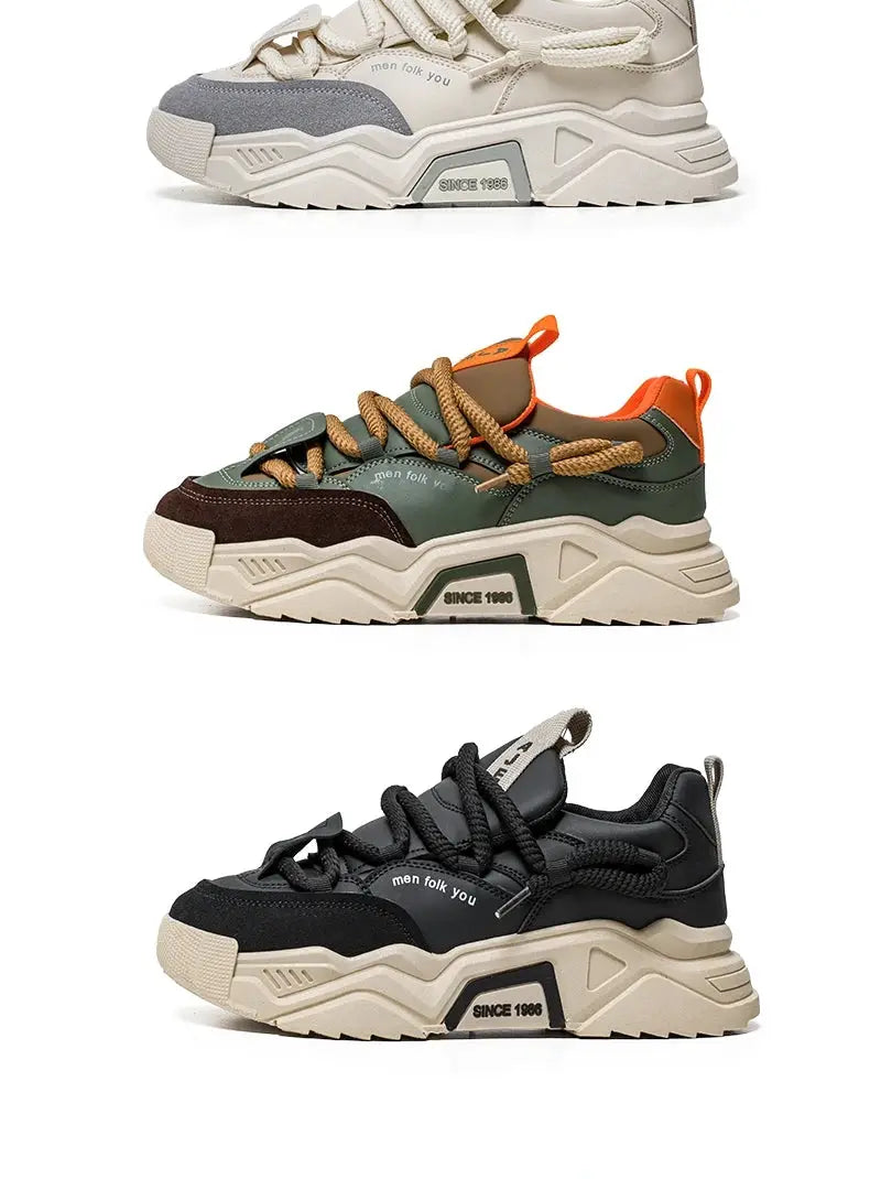Men's casual sneakers set of 3: beige/gray low-tops, olive-green with orange accents, and black with beige soles