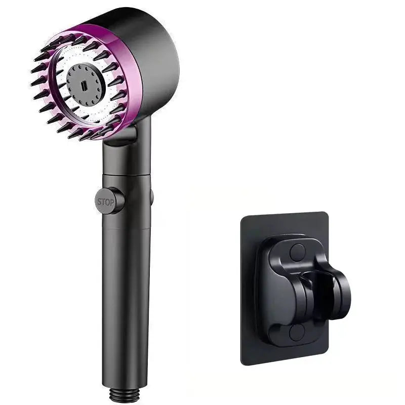 Portable handheld shower head with purple trim and black body, three spray modes, wall-mount bracket included