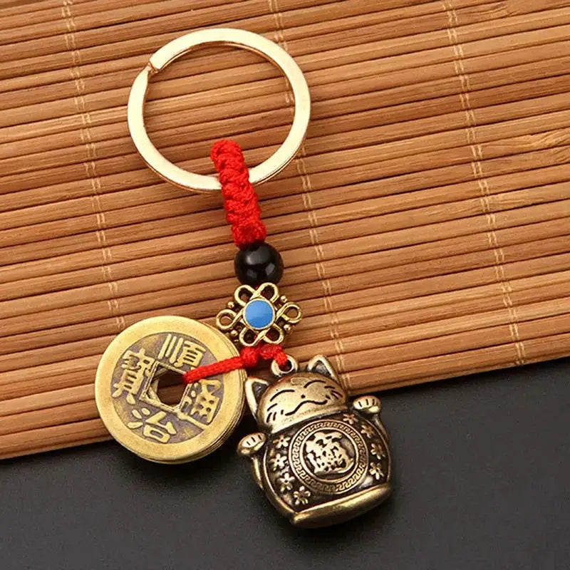 Vintage Handmade Lucky Cat Keychain With Five Emperors Coins Feng Shui Copper Alloy Gold Tone