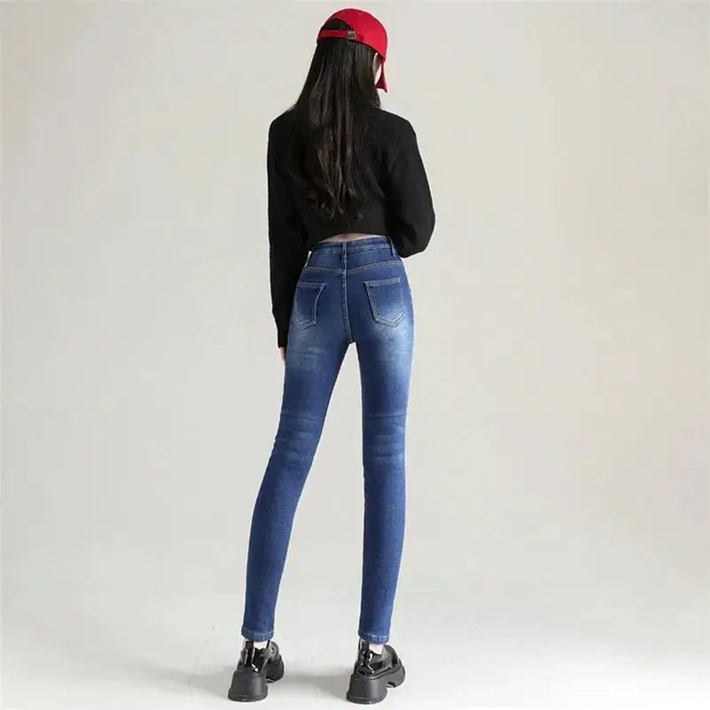 Women Thermal Skinny Jeans With Plush Lining Warm Winter Denim Pants