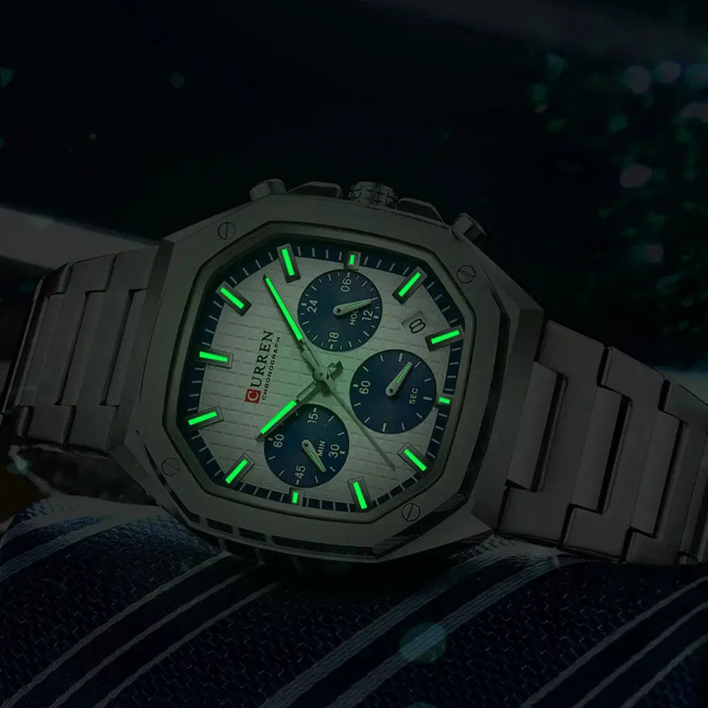 CURREN men's square stainless steel chronograph wristwatch with date and green luminescent hands and markers