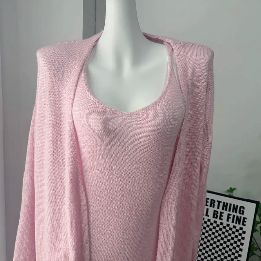 Three Piece Women Cardigan Vest Dress Set With Long Sleeve Outfit
