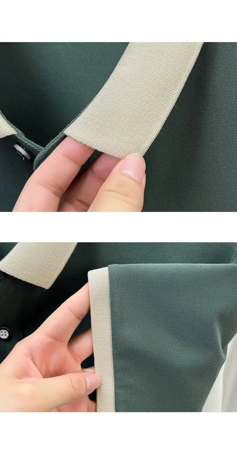 Designer silk-cotton polo shirt; dark green body with beige ribbed collar and cuffs