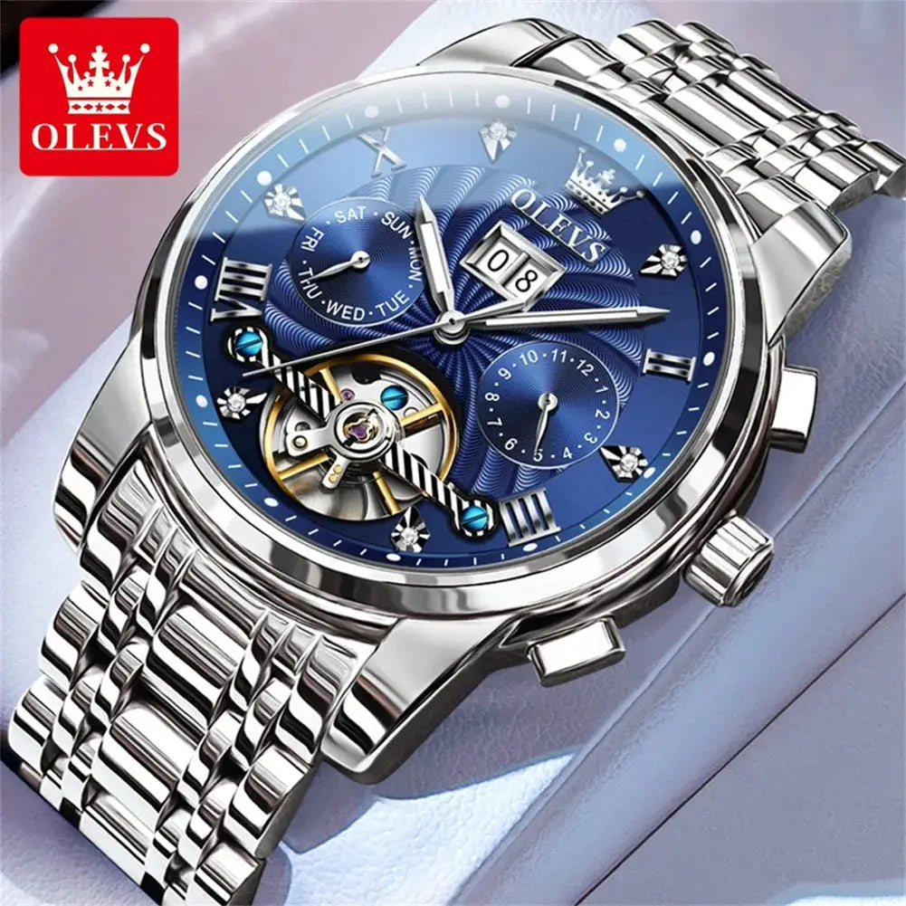 OLEVS men's tourbillon watch with blue dial and stainless steel bracelet.