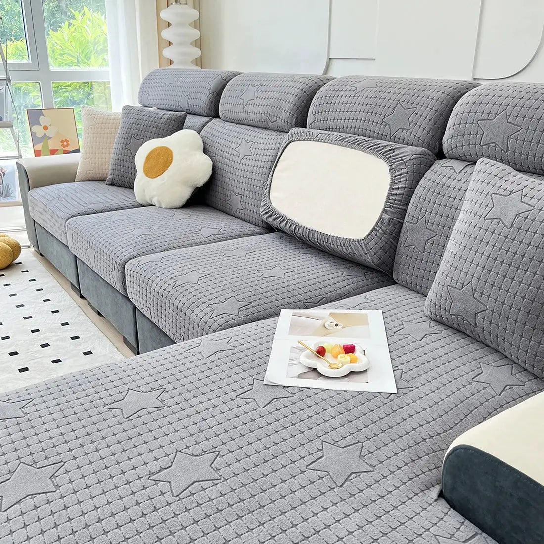 Sofa seat cushion cover in gray jacquard, thick stretch fabric with star pattern, removable washable protector