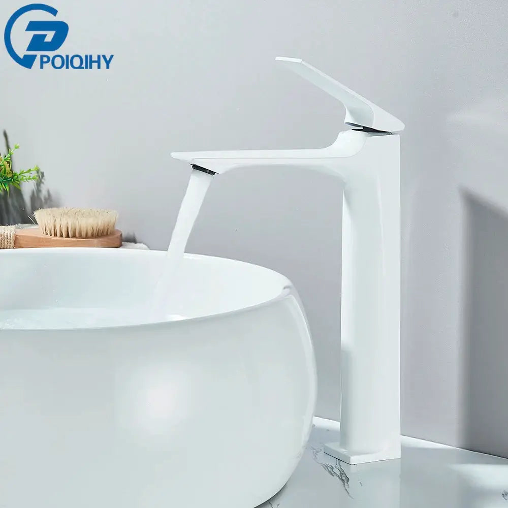 White deck-mounted bathroom sink mixer faucet with single lever; POIYH logo visible