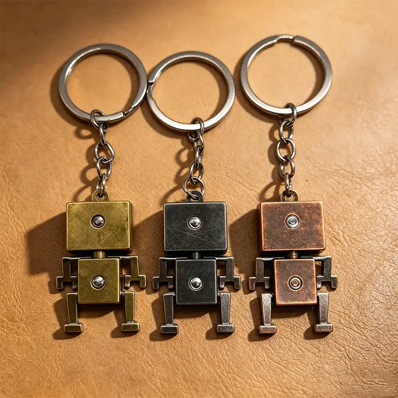 Retro movable robot keychain trio in gold, silver, and copper metal finishes