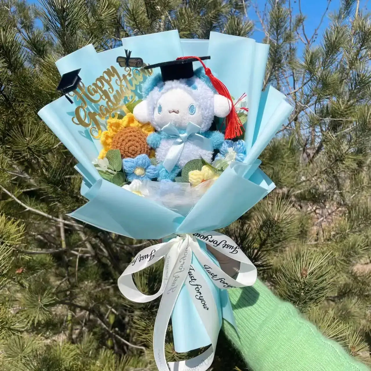 Stuffed Plants Bouquet by Simples Market; blue plush with graduation cap among pastel blue wrapping.
