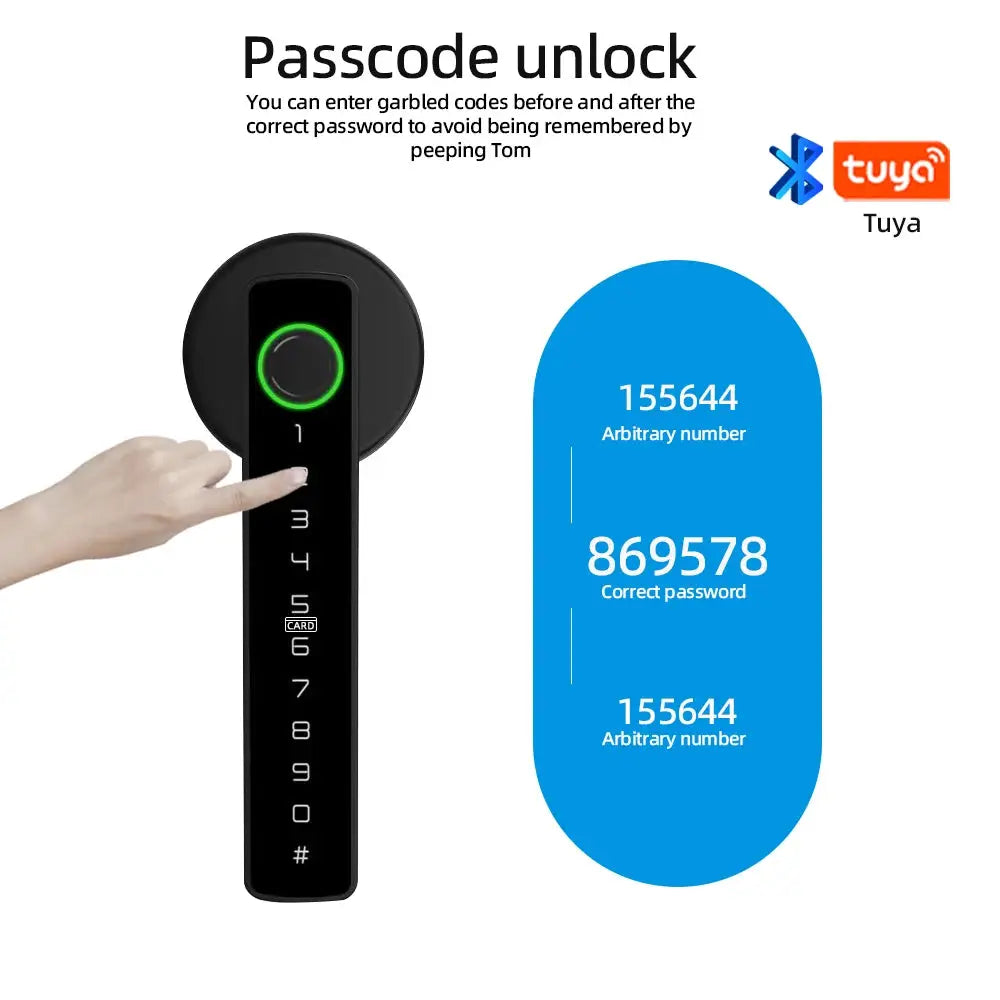 RAYKUBE M5 door lock with fingerprint scanner and black keypad; Tuya BLE unlock, supports password, key, IC card