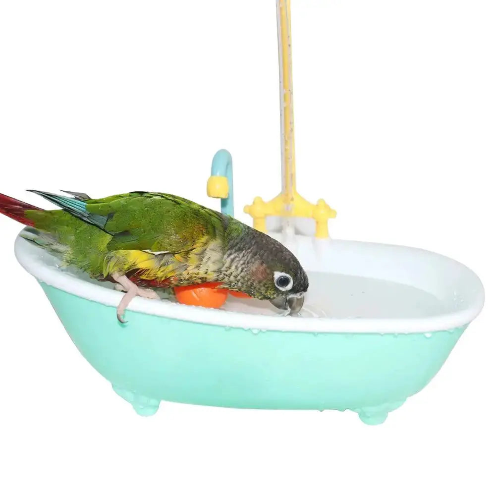 Parrot automatic bird bath in teal plastic tub with yellow shower stand by Simples Market