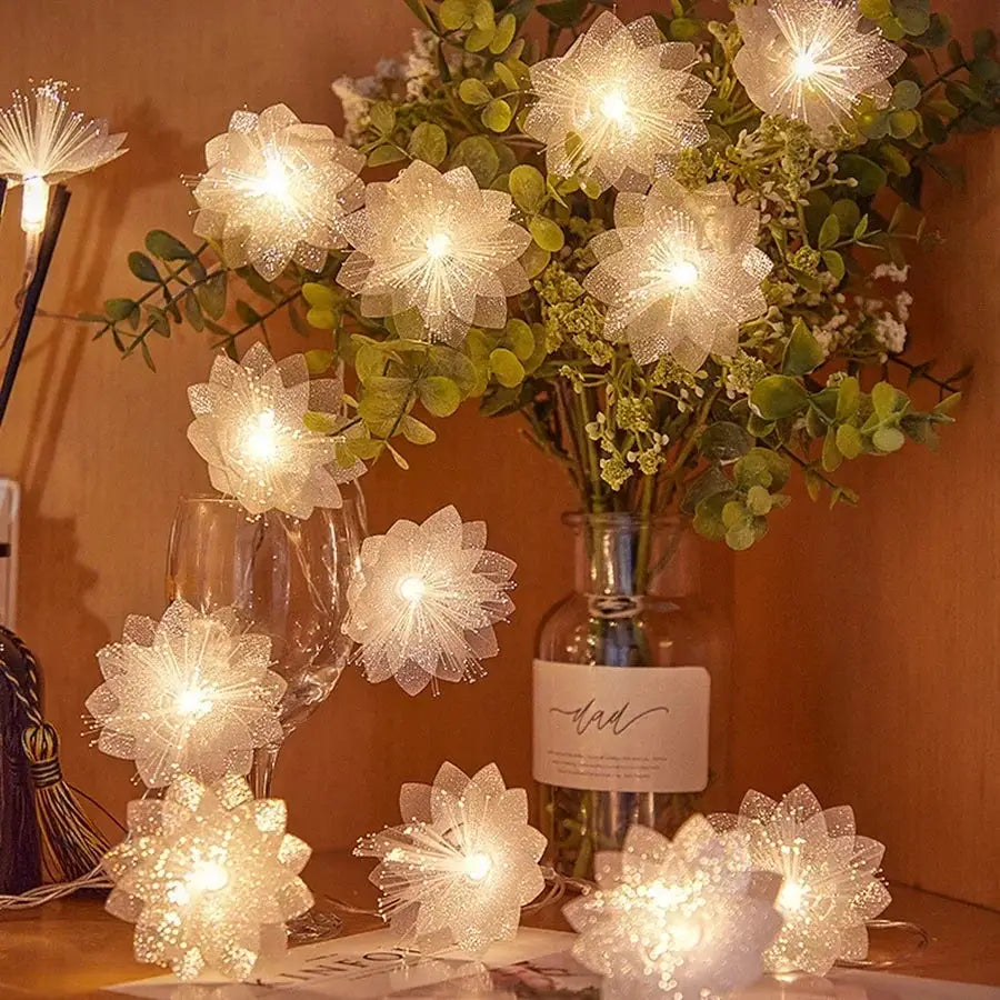2/3M LED Fiber Optic Fairy Light Garland Battery Operated Christmas Decoration With Artificial Flowers Festoon