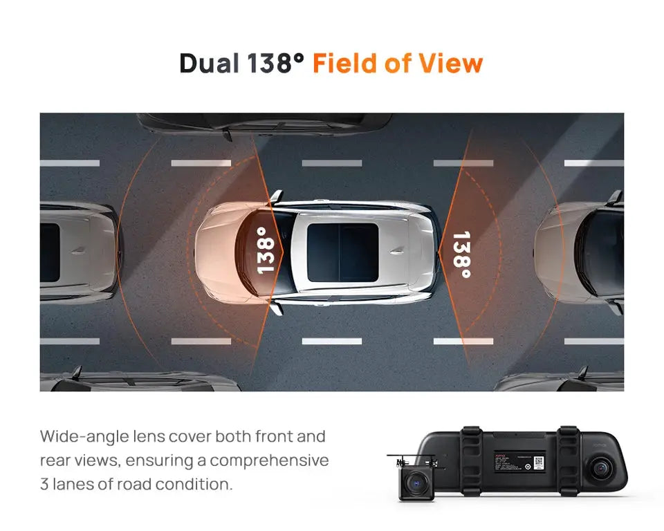 70mai S500 rearview dash cam with 9.35-inch touchscreen, black, dual-channel HDR
