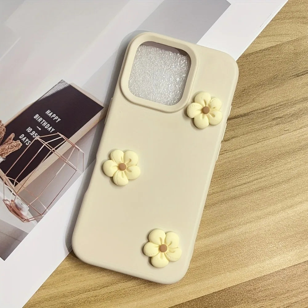 Dopamine flower phone case by Simples Market for iPhone, cream matte with three yellow daisy decorations